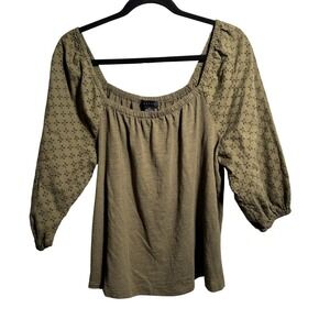 Sanctuary Olive‎ Green Eyelet Puff Sleeve Square Neck Top XL Earthy Cottage Core